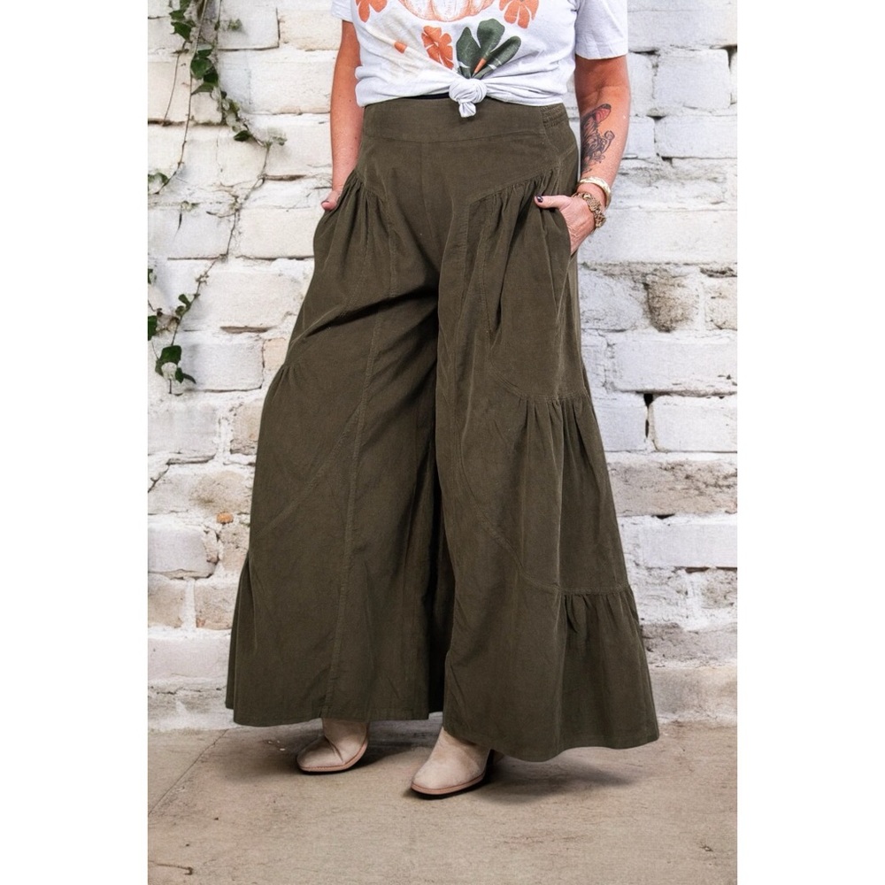 Blue Velvet Ultra Wide Leg Corduroy Pull On Pants in Dark Olive - Picture 6 of 9